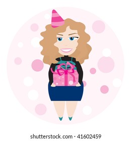 Pretty woman with gift. Vector illustration.
