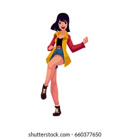 Pretty woman, girl in 1990s style clothes dancing disco, cartoon vector illustration isolated on white background. Black haired girl, woman in 90s style clothing, retro disco party