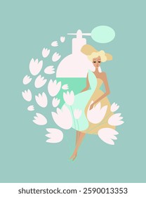 A pretty woman or girl, a lady in full growth sits on the background of a large bottle of vintage perfume. She sprays herself with flower perfume and enjoys the aroma. Vector illustrations. The aroma 