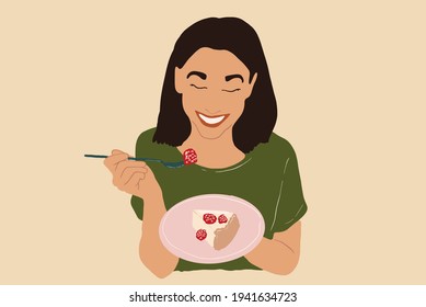 Pretty woman in green t-shirt enjoys cheesecake, eating sweet food with raspberry. Vector illustration.