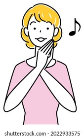 A pretty woman with a happy smile, holding the palms of her hands together. Simple illustration. vector.
