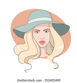 Pretty woman in a hat. Vector illustration 