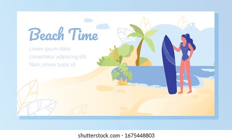 Pretty Woman have Fun Beach Time with Surfboard. Summer Hot Day by Clear Ocean. Girl Happy and Smiles while Doing Outdoor Activities. Tropical Trees and Plants Grow near Rocks in Background.