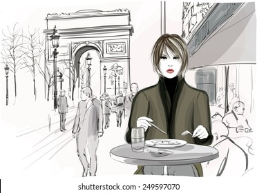 Pretty woman having a lunch at the Champs-Elysees avenue in Paris - Vector illustration