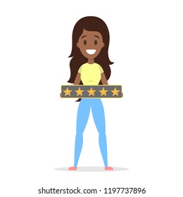 Pretty woman holding banner with five stars on it. Rate the product quality. Idea of feedback and review. Isolated flat vector illustration