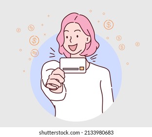 Pretty woman holding a credit card, Hand drawn in thin line style, vector illustration.