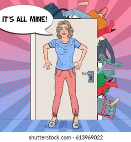 Pretty Woman Holding the Door with Bunch of Clothes. Pop Art vector illustration