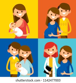 Pretty woman holding a newborn baby in her arms. Pregnant woman. Young happy family with a little child. Pregnant women and medical care provider. Vector illustration. Flat design.