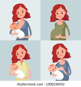 Pretty woman holding a newborn baby in her arms. Pregnant woman.Vector illustration. Flat design.