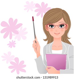 Pretty woman holding pointer stick and spiral Notebook on spring flowers.Download file contains Blending tool, Gradients, Clipping mask.