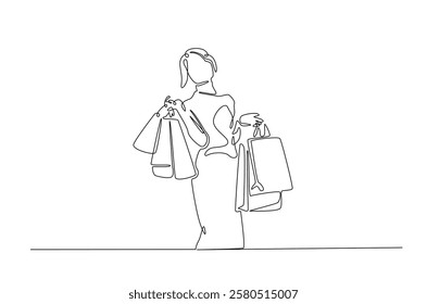 Pretty woman holding shopping paper bags in continuous one line drawing. Single line art draw of lady with shopping bags . Editable vector.