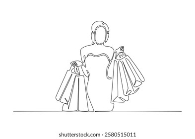 Pretty woman holding shopping paper bags in continuous one line drawing. Single line art draw of lady with shopping bags . Editable vector.