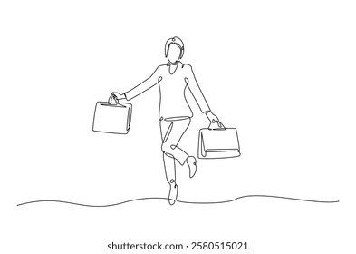 Pretty woman holding shopping paper bags in continuous one line drawing. Single line art draw of lady with shopping bags . Editable vector.