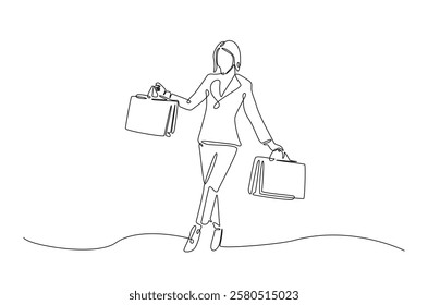 Pretty woman holding shopping paper bags in continuous one line drawing. Single line art draw of lady with shopping bags . Editable vector.