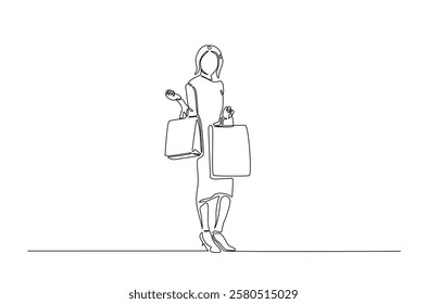 Pretty woman holding shopping paper bags in continuous one line drawing. Single line art draw of lady with shopping bags . Editable vector.