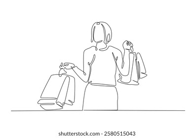 Pretty woman holding shopping paper bags in continuous one line drawing. Single line art draw of lady with shopping bags . Editable vector.