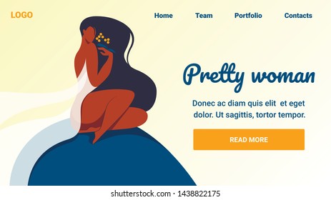 Pretty Woman Horizontal Banner. Beautiful Girl with Black Long Hair and Dark Skin Wearing White Transparent Cape Sitting on Rock with Branch in Hand, Natural Beauty. Cartoon Flat Vector Illustration