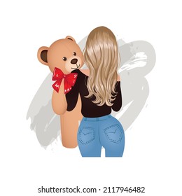 Pretty woman hug a giant teddy bear doll. Fashion girl illustration