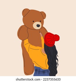 Pretty woman hug a giant teddy bear doll. Fashion girl illustration .Love, Valentine's Day.