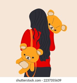 Pretty woman hug a giant teddy bear doll. Fashion girl illustration .Love, Valentine's Day.