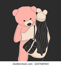 Pretty woman hug a giant teddy bear doll. Fashion girl illustration on dark background .Love, Valentine's Day.