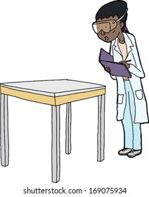 Pretty woman in lab coat and safety glasses taking notes