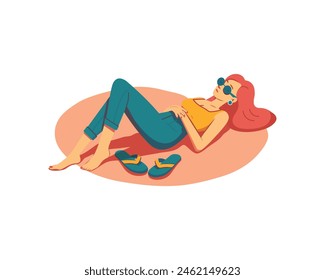 Pretty woman lies relaxing and resting on the sun with sunglasses and slippers. Retro style. Vector illustration in flat style.