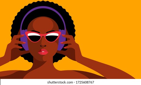 Pretty woman listening to music on headphones. Music Lover is listening to favourite playlist or audio chat. Female avatar on yellow background. Modern vector illustration 