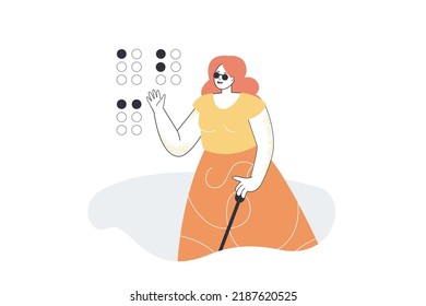 Pretty woman living with blindness in glasses. Person with disability reading, learning Braille alphabet flat vector illustration. Accessibility concept for banner, website design or landing web