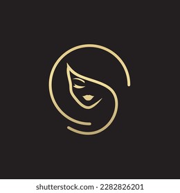 pretty woman logo design in golden color, perfect for beauty, hairstyle company.