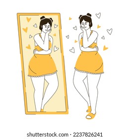 Pretty woman looking in mirror flat color linear vector character. Editable figure. Full body person on white. Cartoon style thin line illustration for web graphic design and animation