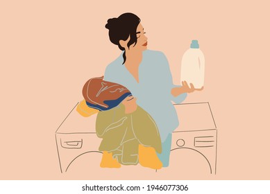 A pretty woman looking on detergent in big white bottle and holding colored clothes on laundry background. Housewife doing routine. Flat style. Vector illustration