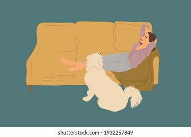 Pretty woman lying on the yellow sofa with a white dog while put her hands under her head. Lifestyle and home coziness concept. Flat style. Vector illustration