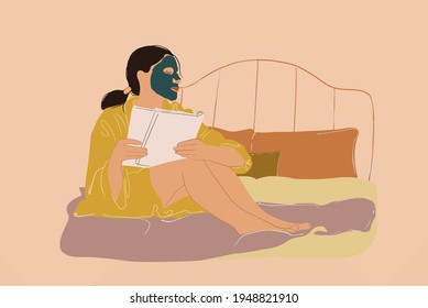 Pretty woman with mask on face relaxing and reading magazine in bedroom. Clean and beauty skincare concept. Wellness. Vector Illustration.