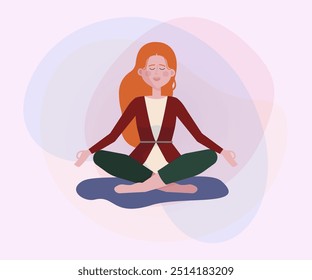 Pretty woman meditating flat vector illustration. Woman sitting in lotus pose. Yoga, stress relief, recreation concept for banner, website design or landing page