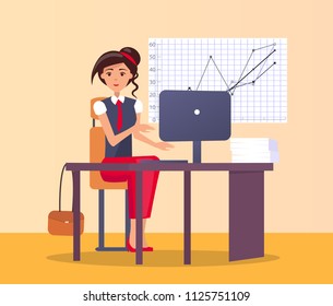 Pretty woman in office at workplace typing on computer, chart board with growing graphs behind her, female sitting at table on chair, entrepreneur worker