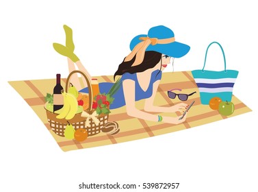 Pretty woman on Picnic with phone, fruits outdoors. Vector illustration. Woman resting outdoors. Woman picnic isolated on white background.