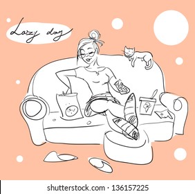 Pretty woman on a sofa, Hand drawn girl with cat, relaxing, watching TV and snaking. Sketch