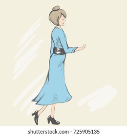 A pretty woman with an open hand ready for handshake. The lady is dressed in an elegant blue dress with a black belt and patent leather shoes with high heels. Sketch style. Vector illustration