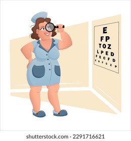 Pretty woman ophthalmologist in hospital uniform behind the vision test chart. The concept of medicine and health care. Cartoon vector illustration.