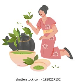 Pretty woman in oriental clothing brewing green tea, flat vector isolated on white background. Illustration for green tea packaging design and tea shop.