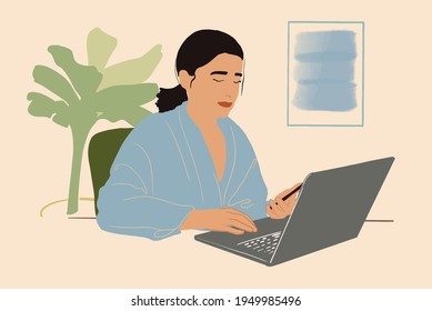 Pretty woman with plant leafs behind working on laptop at home office. Remote working. Vector Illustration.