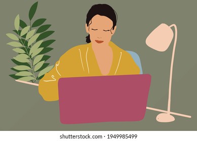 Pretty woman with plant leafs behind working on laptop at home office. Remote working. Vector Illustration.