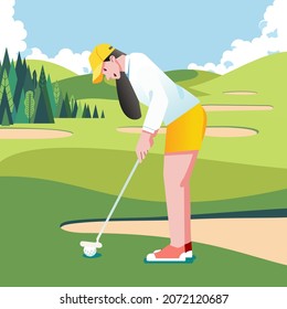 pretty woman playing golf ready to hit the ball in the fields wearing casual outfit vector illustration. used for banner, poster, and other