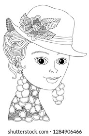 Pretty woman portrait. Beautiful girl in hat. Hand drawn picture. Sketch for anti-stress adult coloring book in zen-tangle style. Vector illustration  for coloring page.