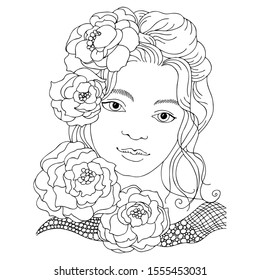 Pretty woman portrait. Beautiful girl with flowers on hair. Hand drawn picture. Sketch for anti-stress adult coloring book in zen-tangle style. Vector illustration  for coloring page.