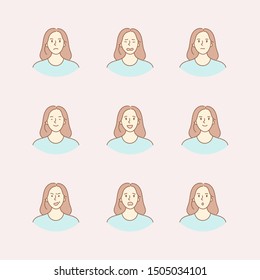 	
Pretty woman portrait with different facial expressions. Happy girl, smiling, kind, surprised, angry, scared, joyful emotion face character. Hand drawn vector illustration. Doodle style design
