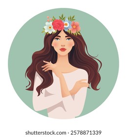 Pretty woman portrait with a floral wreath. Beautiful girl with spring flower composition for Happy Women's Day March 8 card, banner, poster, website. Young female character. Vector illustration.