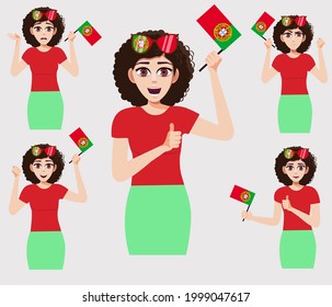A pretty woman with the Portuguese flag. A set of fan emotions. Vector illustration in cartoon style