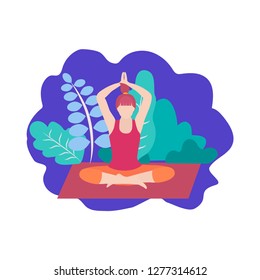 Pretty woman practices yoga in the lotus position. Banner. Modern flat design concept 